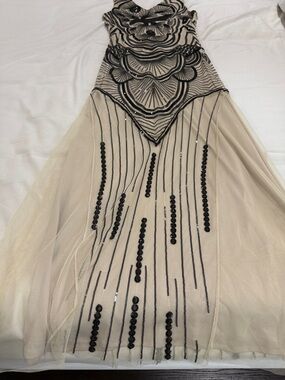 Beaded Cream Maxi Dress with Black Embellishment